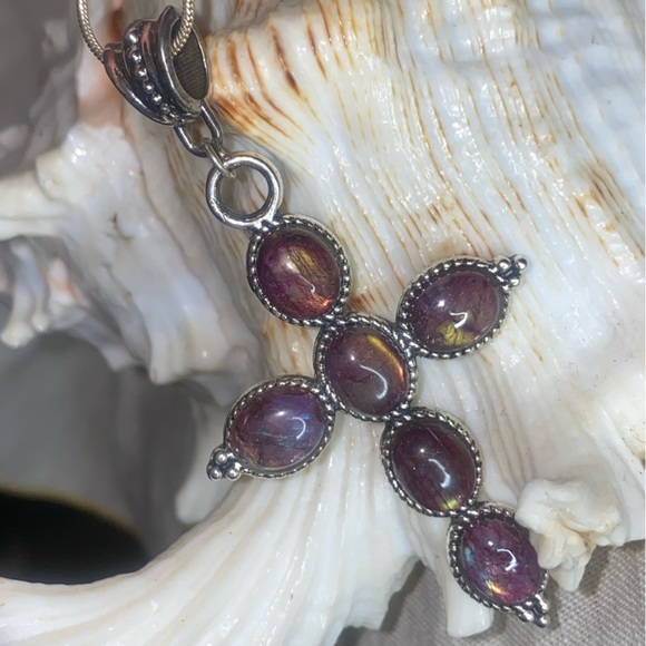 Fire Red Flash Labradorite multi-Gemstone handcrafted Cross Pendant - Picture 3 of 8